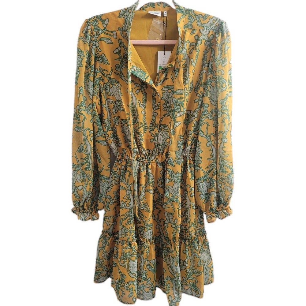 Hermoza Lee Collar Neck Dress M Saffron Floral Tie Neck Long Sleeve NWT $248 - Picture 3 of 11